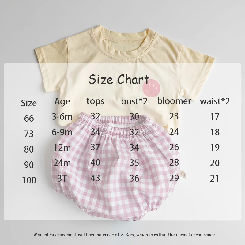 Summer Baby Clothes Suit Infant Girls Boys Cartoon T-shirt and Plaid Bloomer 2Pcs Korean Style Casual Toddler Outwear