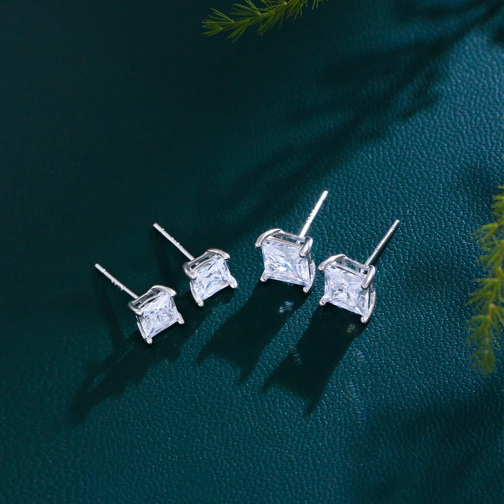 QooLady S925 Sterling Silver Exquisite Shiny Square Cubic Zirconia Stud Earrings for Women Trendy Jewelry Accessories Gift SE025