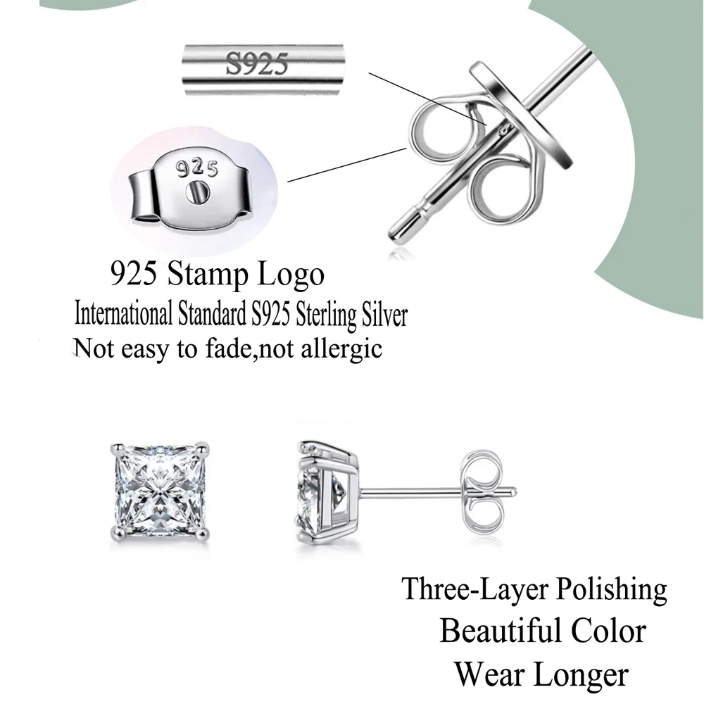 QooLady S925 Sterling Silver Exquisite Shiny Square Cubic Zirconia Stud Earrings for Women Trendy Jewelry Accessories Gift SE025
