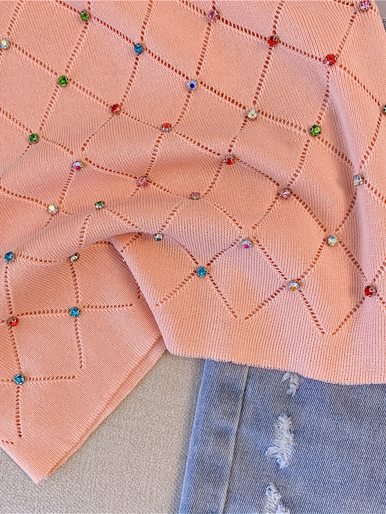 Colorful Rhinestone Knitted Tank Top Casual Crew Neck Sleeveless Tank Top For Summer  Women's Clothing Crop Top Camis