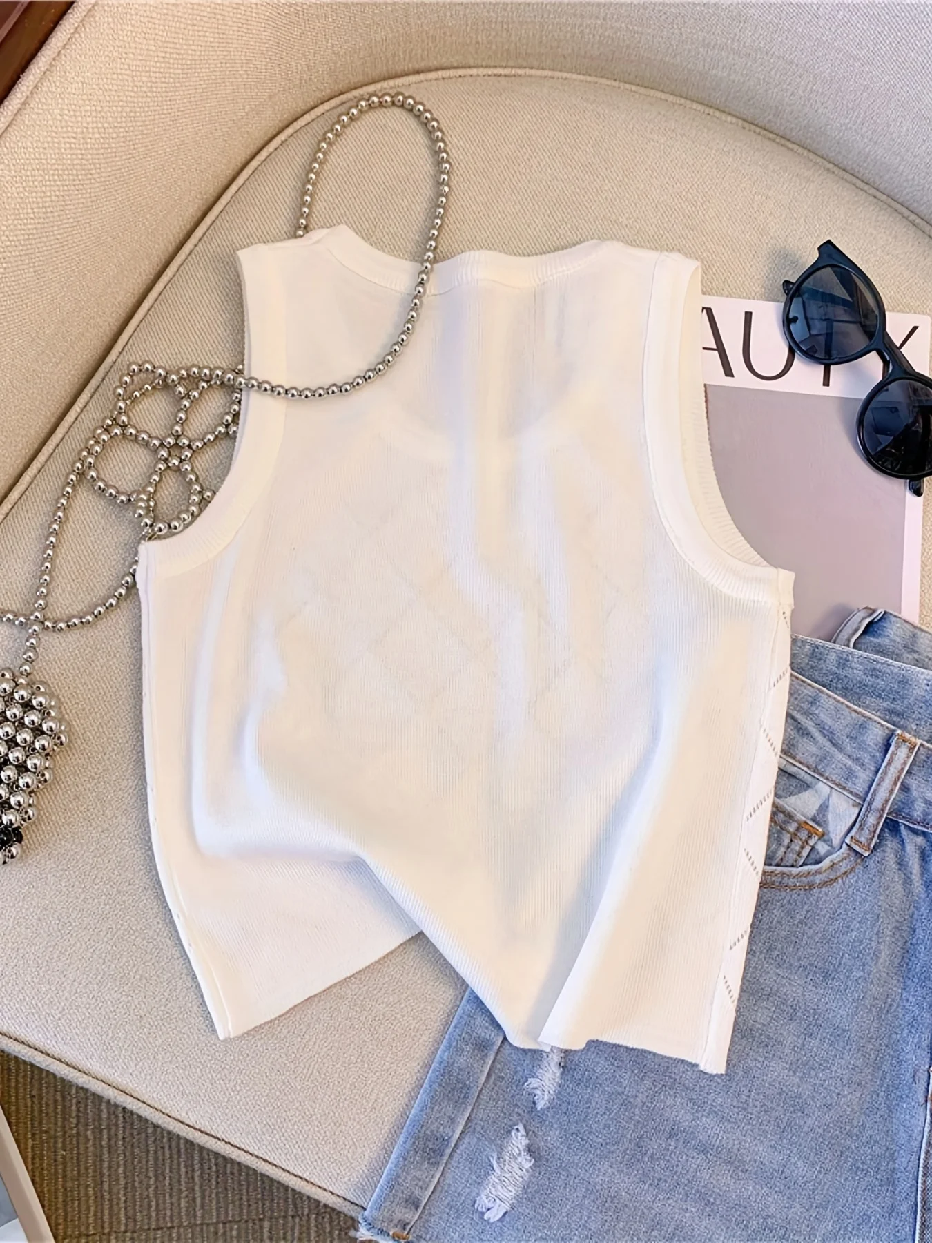 Colorful Rhinestone Knitted Tank Top Casual Crew Neck Sleeveless Tank Top For Summer  Women's Clothing Crop Top Camis