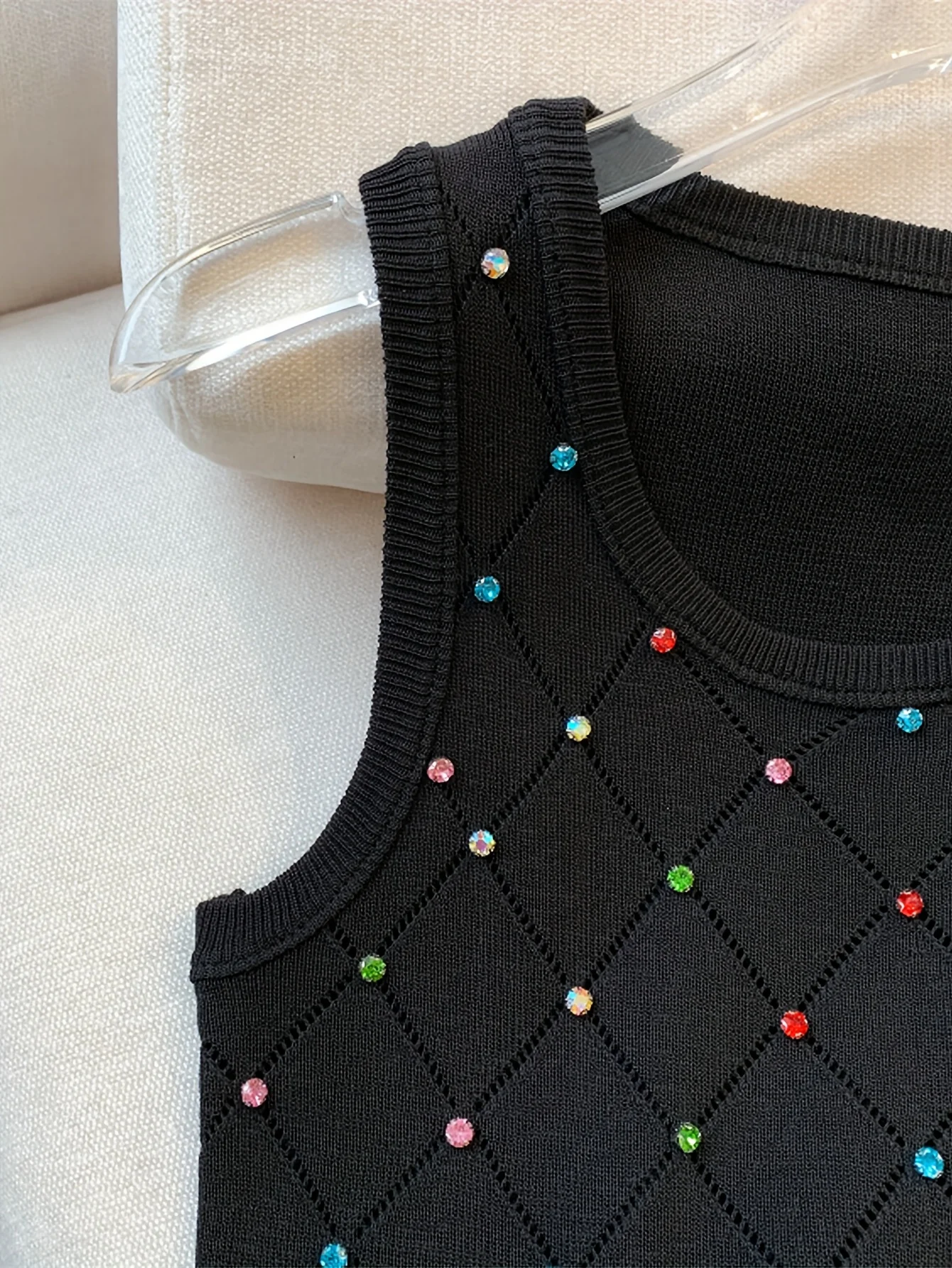 Colorful Rhinestone Knitted Tank Top Casual Crew Neck Sleeveless Tank Top For Summer  Women's Clothing Crop Top Camis