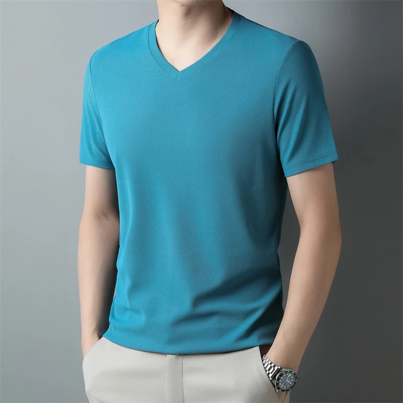 2026 Men's Waffle V Neck Short Sleeve T-Shirt Summer Comfortable Breathable Fashion Top in Solid Colors