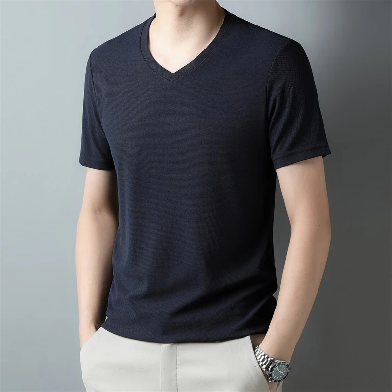 2026 Men's Waffle V Neck Short Sleeve T-Shirt Summer Comfortable Breathable Fashion Top in Solid Colors