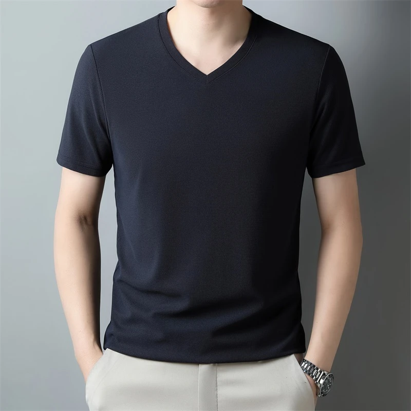 2026 Men's Waffle V Neck Short Sleeve T-Shirt Summer Comfortable Breathable Fashion Top in Solid Colors