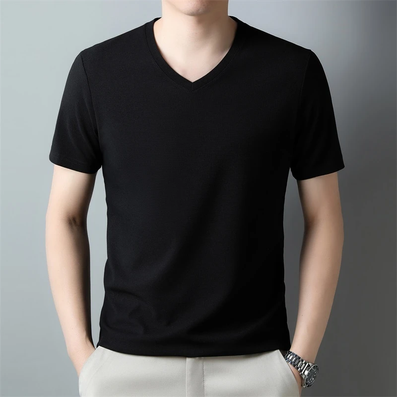 2026 Men's Waffle V Neck Short Sleeve T-Shirt Summer Comfortable Breathable Fashion Top in Solid Colors