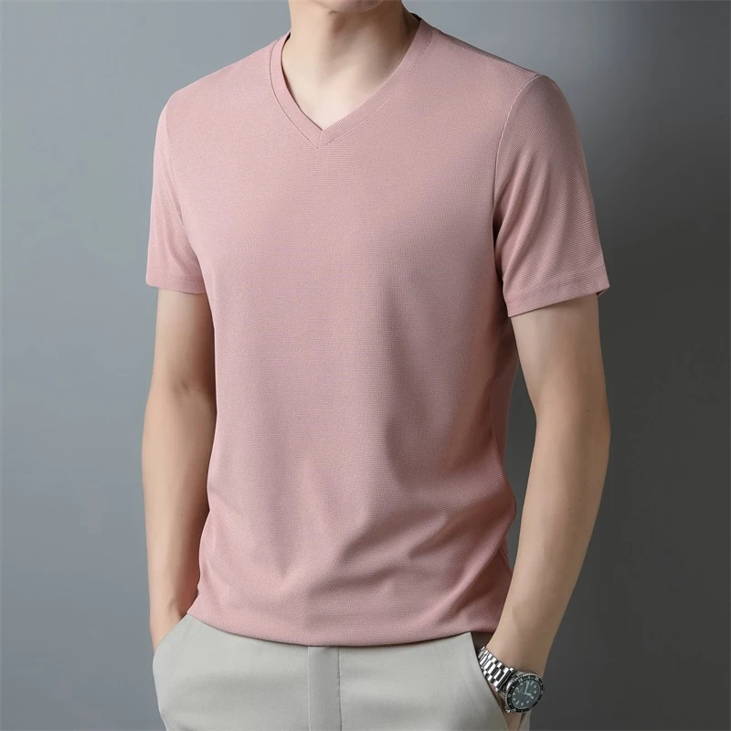 2026 Men's Waffle V Neck Short Sleeve T-Shirt Summer Comfortable Breathable Fashion Top in Solid Colors