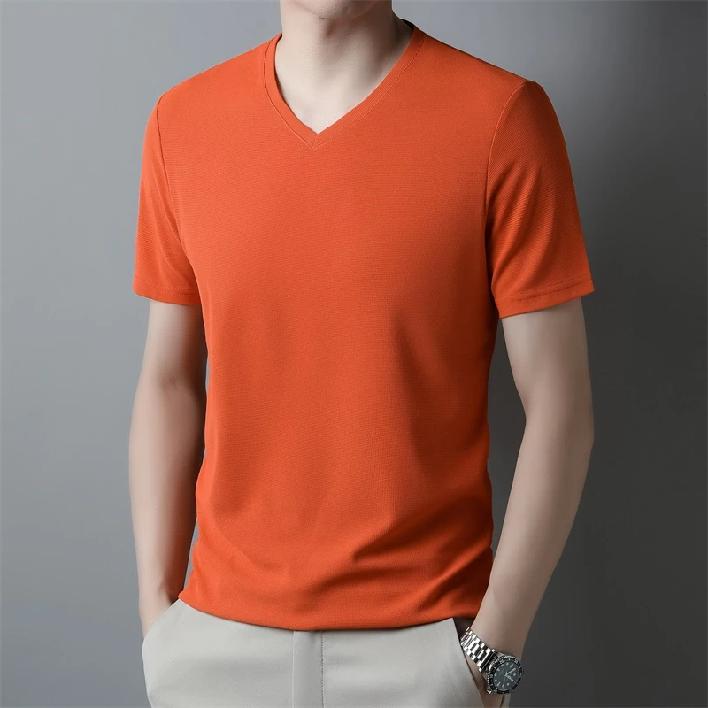 2026 Men's Waffle V Neck Short Sleeve T-Shirt Summer Comfortable Breathable Fashion Top in Solid Colors