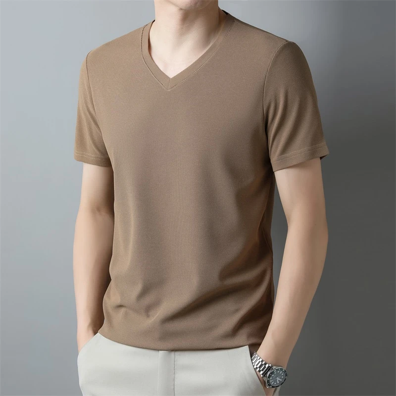 2026 Men's Waffle V Neck Short Sleeve T-Shirt Summer Comfortable Breathable Fashion Top in Solid Colors
