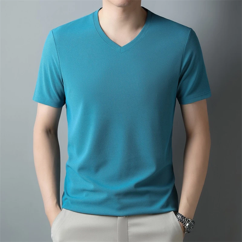 2026 Men's Waffle V Neck Short Sleeve T-Shirt Summer Comfortable Breathable Fashion Top in Solid Colors