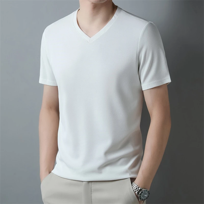 2026 Men's Waffle V Neck Short Sleeve T-Shirt Summer Comfortable Breathable Fashion Top in Solid Colors