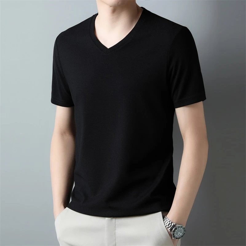 2026 Men's Waffle V Neck Short Sleeve T-Shirt Summer Comfortable Breathable Fashion Top in Solid Colors