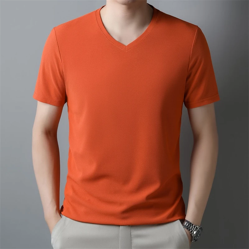 2026 Men's Waffle V Neck Short Sleeve T-Shirt Summer Comfortable Breathable Fashion Top in Solid Colors