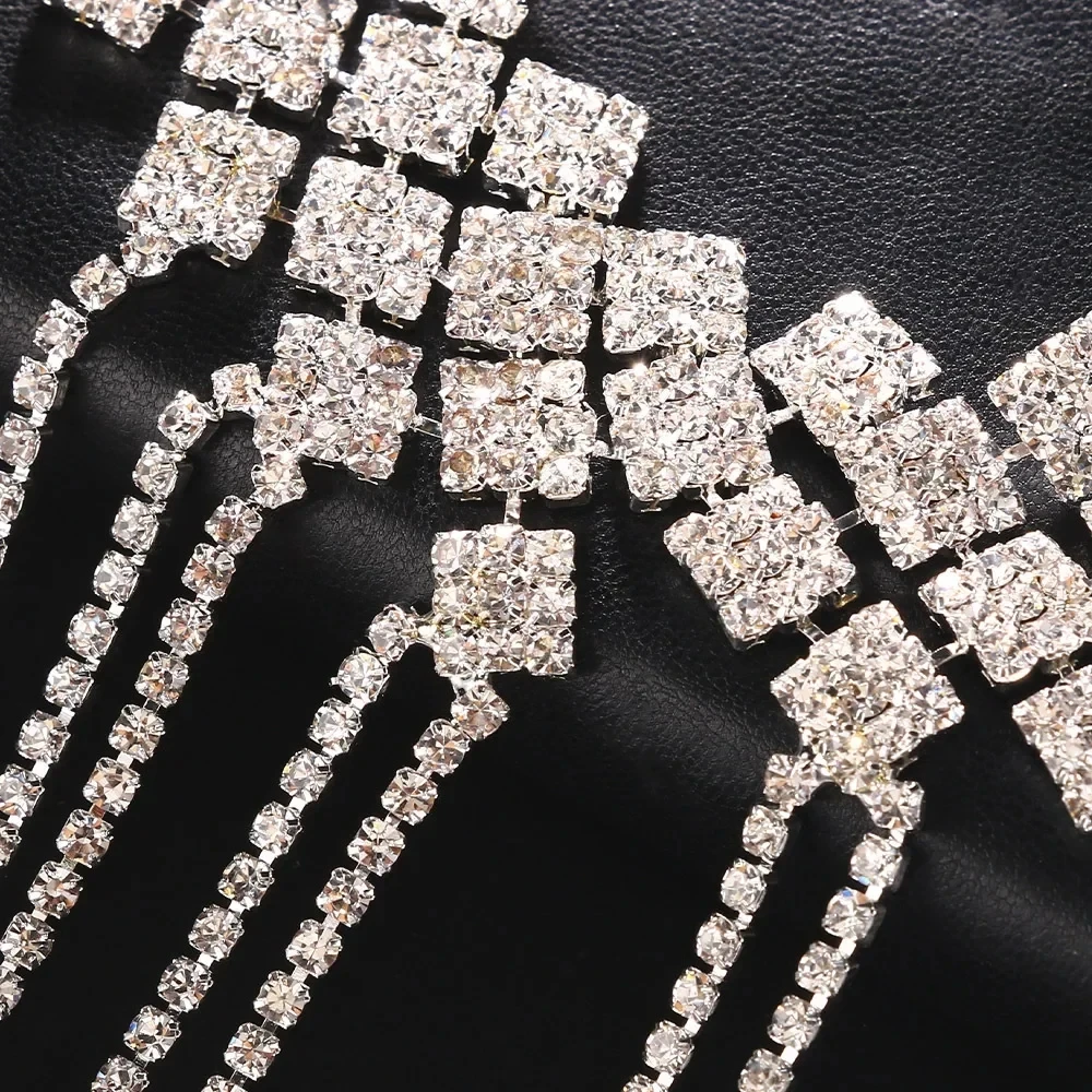 Stonefans Square Rhinestone Forehead Headpiece Indian Hair Accessories Luxury Crystal Long Tassel Head Chain Bridal Jewelry Gift