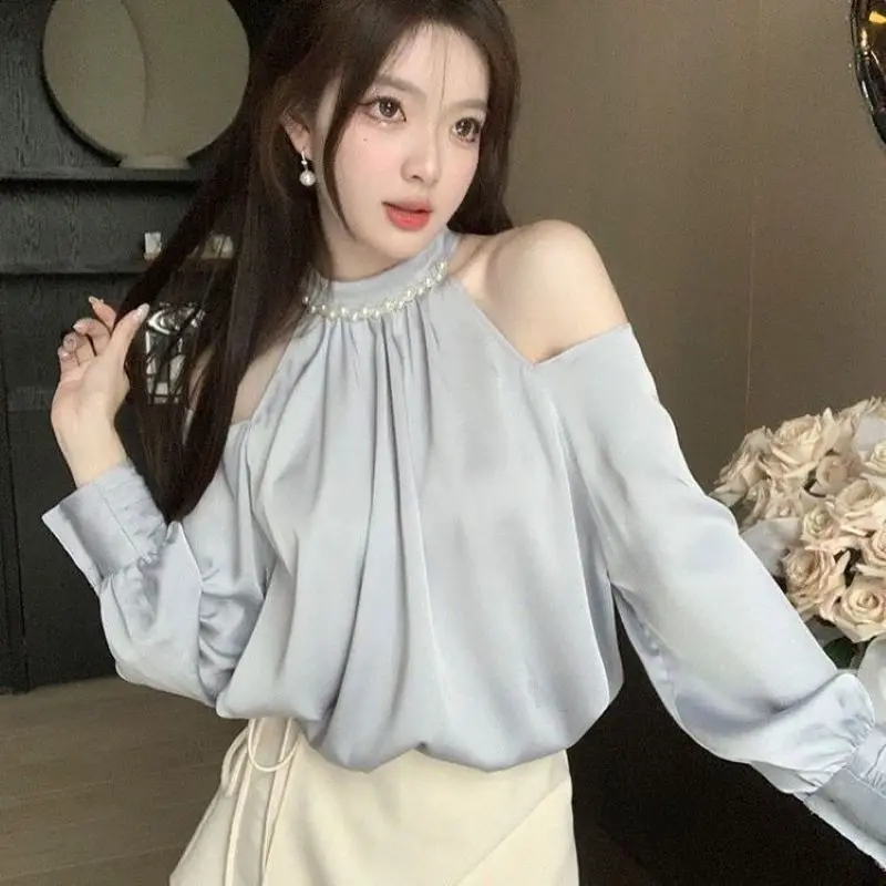 Spring Sweet Blouses For Women O-neck Long Sleeve Off Shoulder Tops Temperament Fashion Female Shirts Korean Ladies Clothes