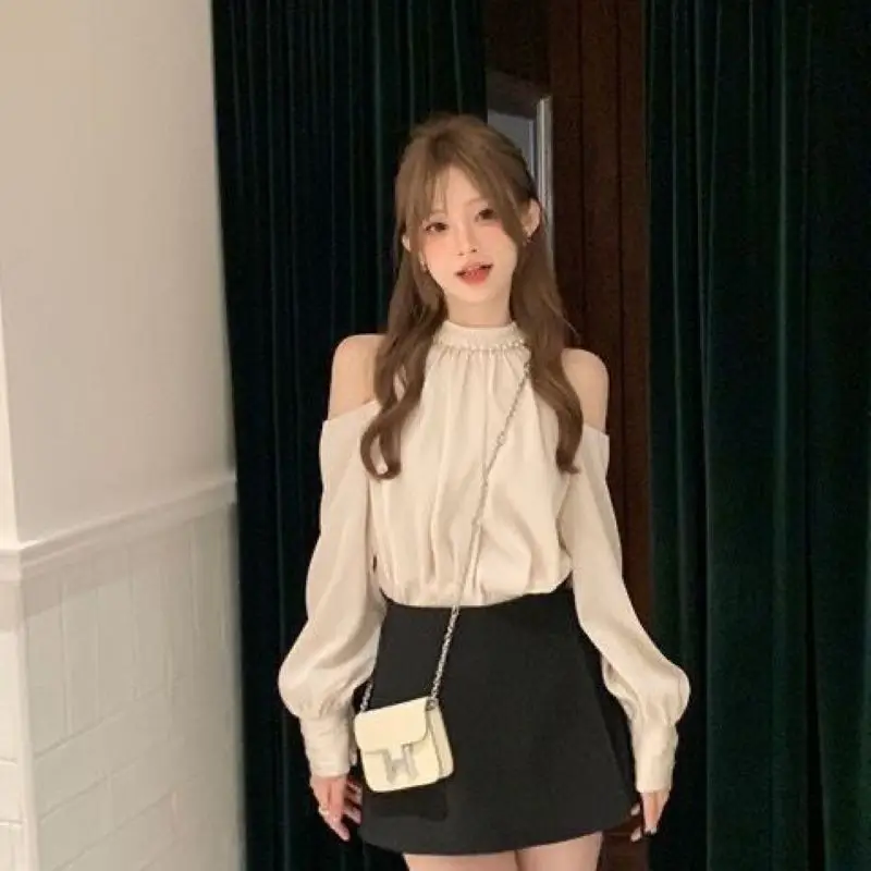 Spring Sweet Blouses For Women O-neck Long Sleeve Off Shoulder Tops Temperament Fashion Female Shirts Korean Ladies Clothes