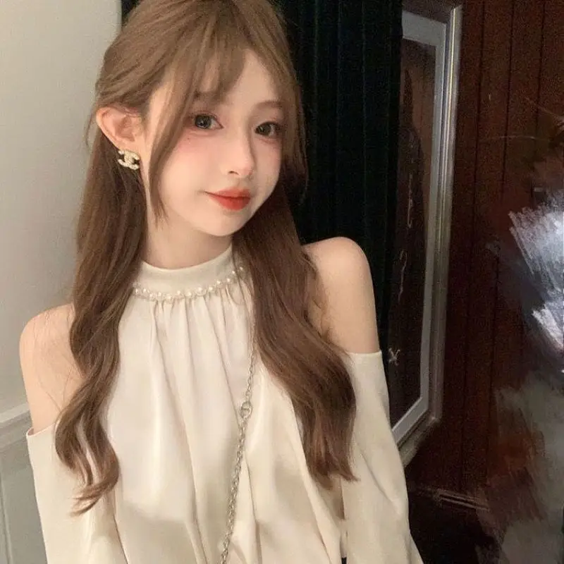Spring Sweet Blouses For Women O-neck Long Sleeve Off Shoulder Tops Temperament Fashion Female Shirts Korean Ladies Clothes