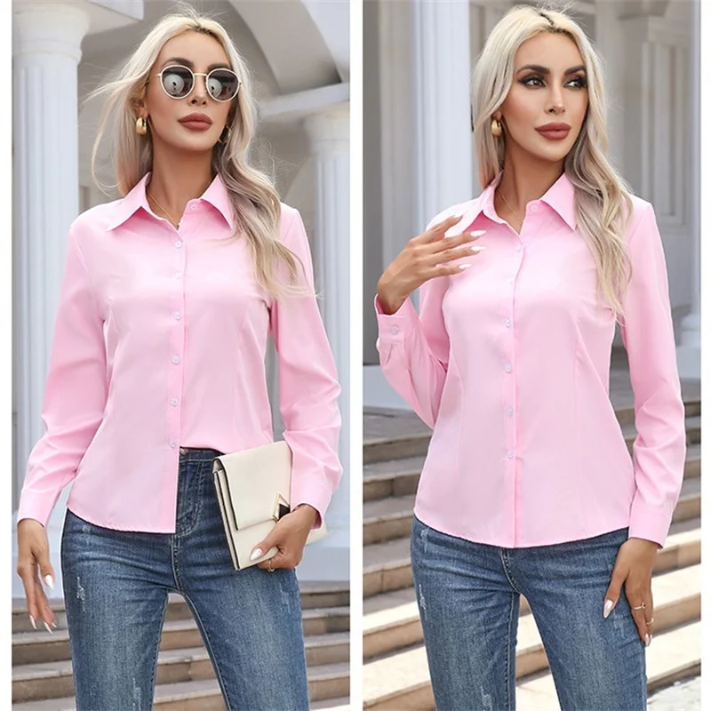 Women Spring Autumn Style Blouses Shirts Lady Casual Long Sleeve Turn-down Collar Solid Color Blouse Tops