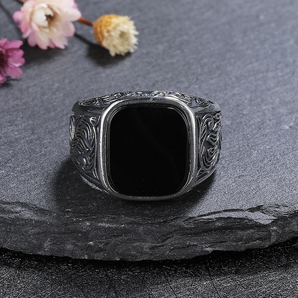 Masculine Black Agate Ring 12x14mm, Mens Vintage Sterling Silver Fine Jewelry, Wedding Band Gift for Him