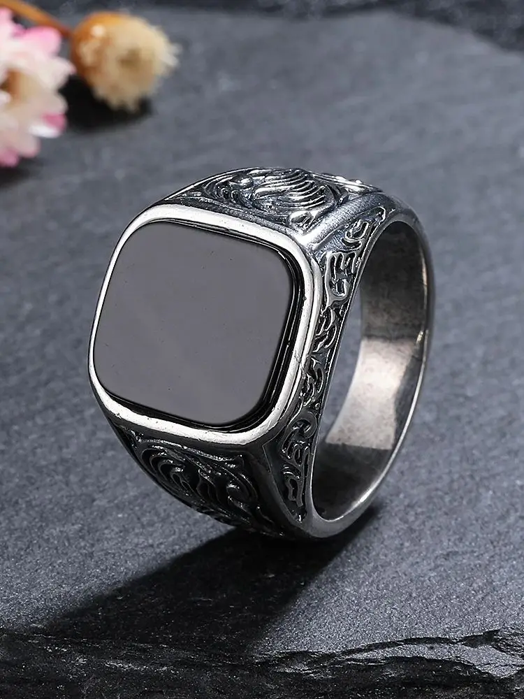 Masculine Black Agate Ring 12x14mm, Mens Vintage Sterling Silver Fine Jewelry, Wedding Band Gift for Him
