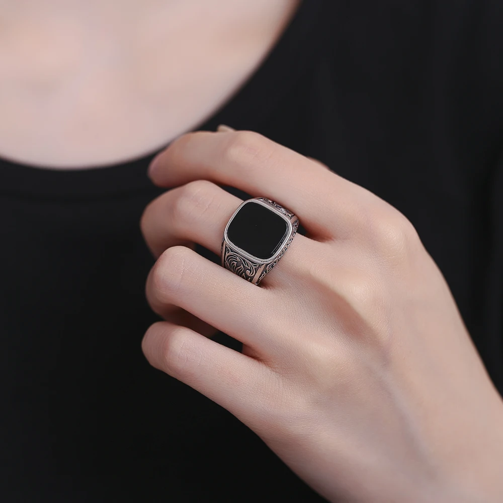 Masculine Black Agate Ring 12x14mm, Mens Vintage Sterling Silver Fine Jewelry, Wedding Band Gift for Him