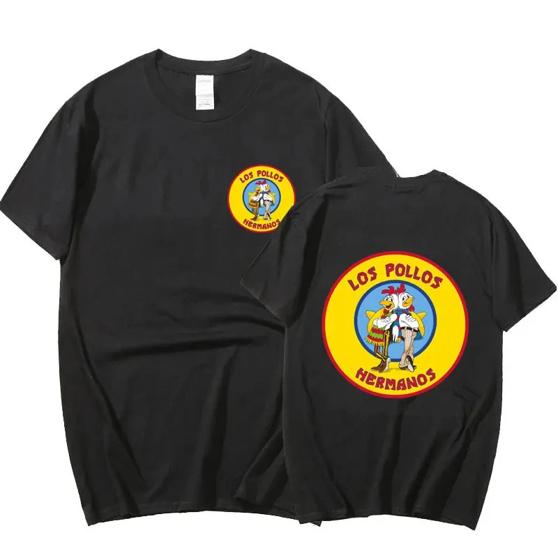 TV Series Breaking Bad Los Pollos Hermanos Double Sided Print T shirts Funny Chicken Brothers Men's Cotton T-shirt Streetwear