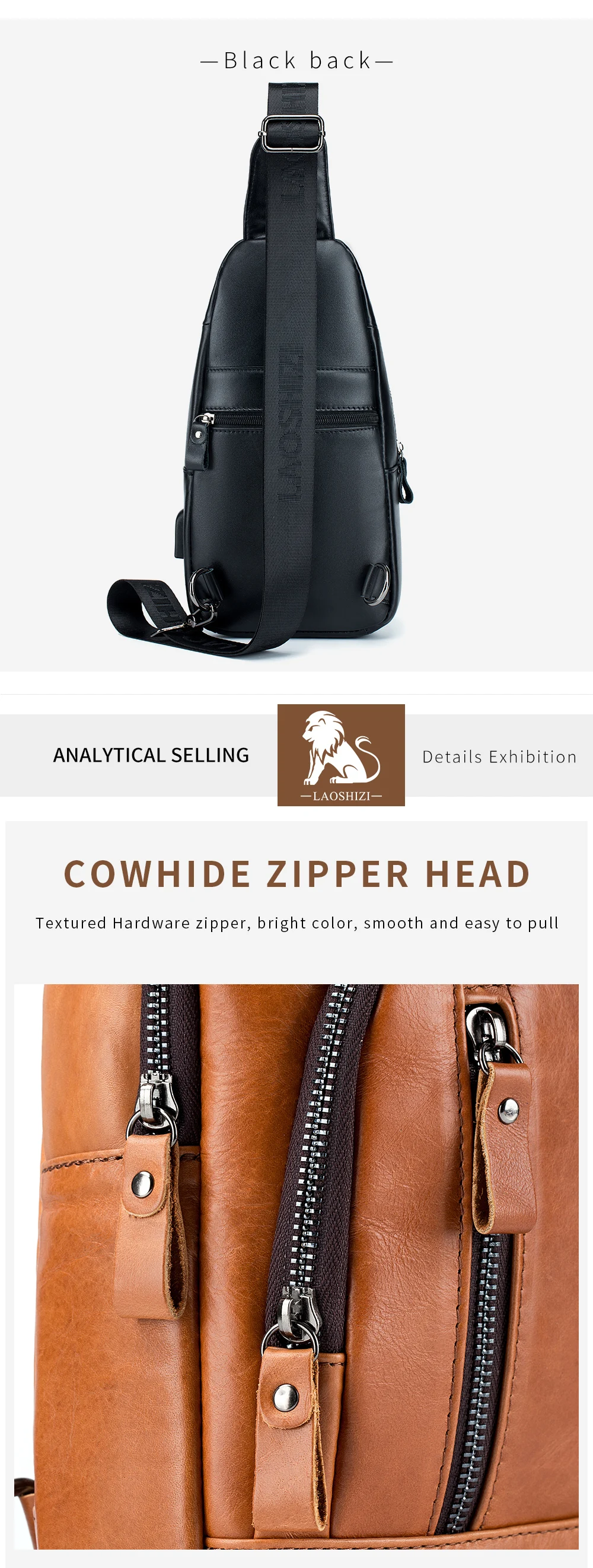 Genuine leather men's chest bag, cowhide retro single shoulder crossbody bag with built-in USB charging port and card slot