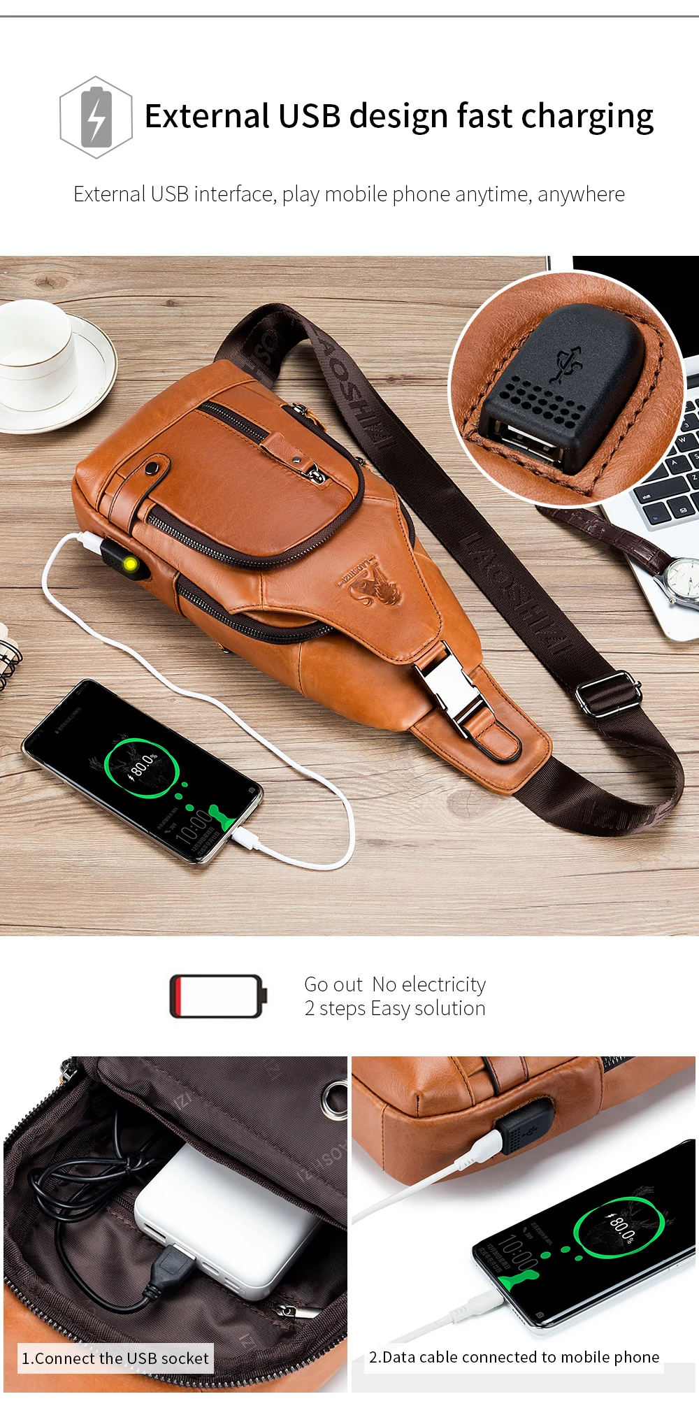 Genuine leather men's chest bag, cowhide retro single shoulder crossbody bag with built-in USB charging port and card slot