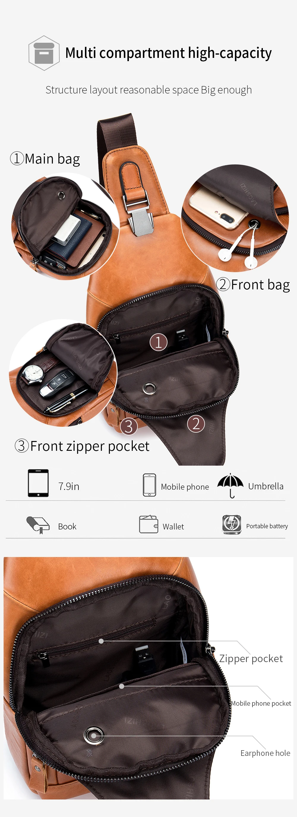 Genuine leather men's chest bag, cowhide retro single shoulder crossbody bag with built-in USB charging port and card slot