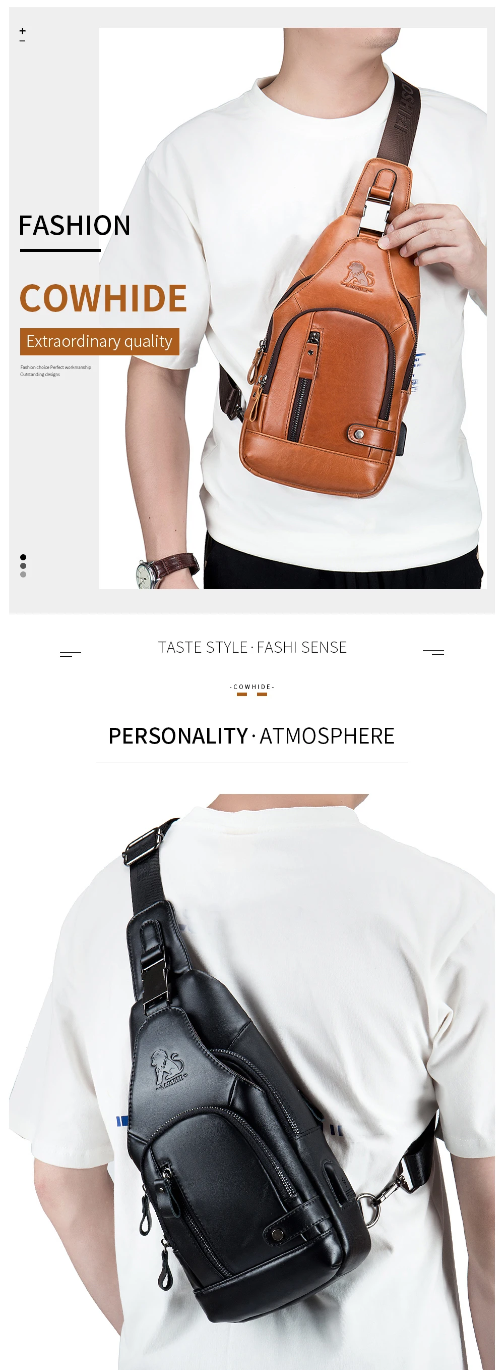 Genuine leather men's chest bag, cowhide retro single shoulder crossbody bag with built-in USB charging port and card slot
