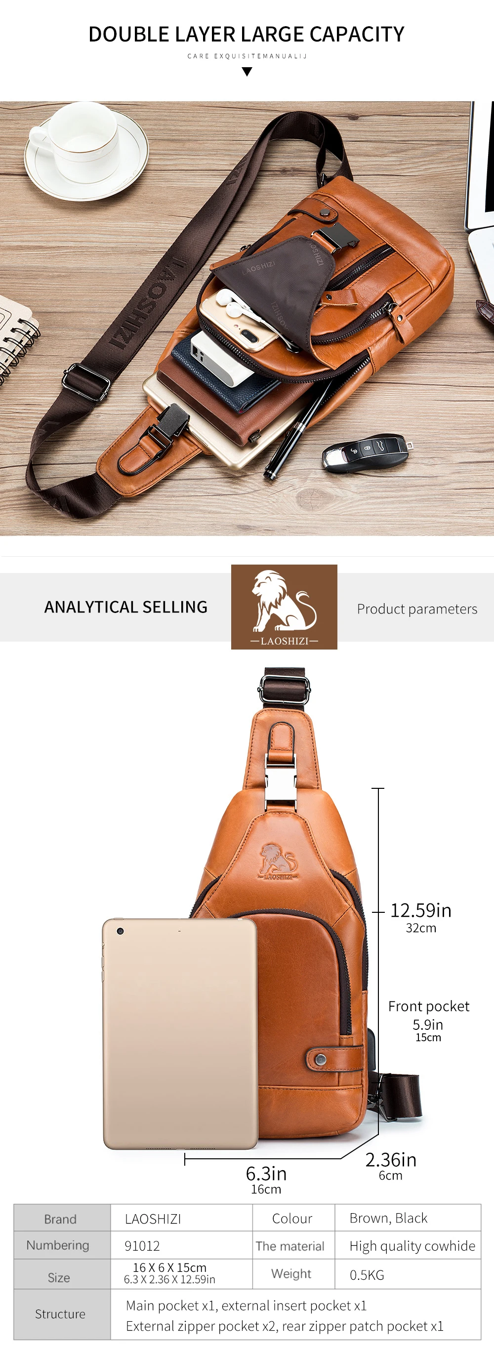 Genuine leather men's chest bag, cowhide retro single shoulder crossbody bag with built-in USB charging port and card slot