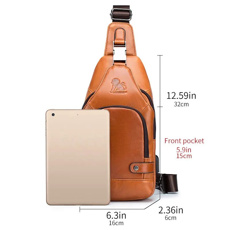 Genuine leather men's chest bag, cowhide retro single shoulder crossbody bag with built-in USB charging port and card slot