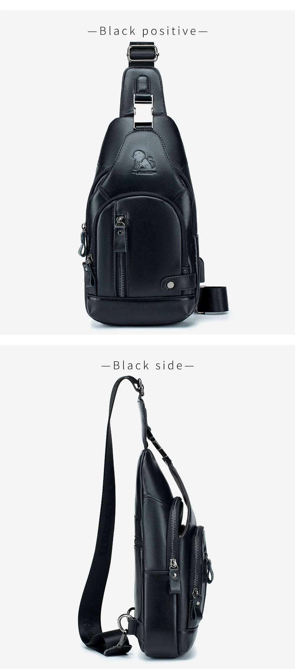 Genuine leather men's chest bag, cowhide retro single shoulder crossbody bag with built-in USB charging port and card slot