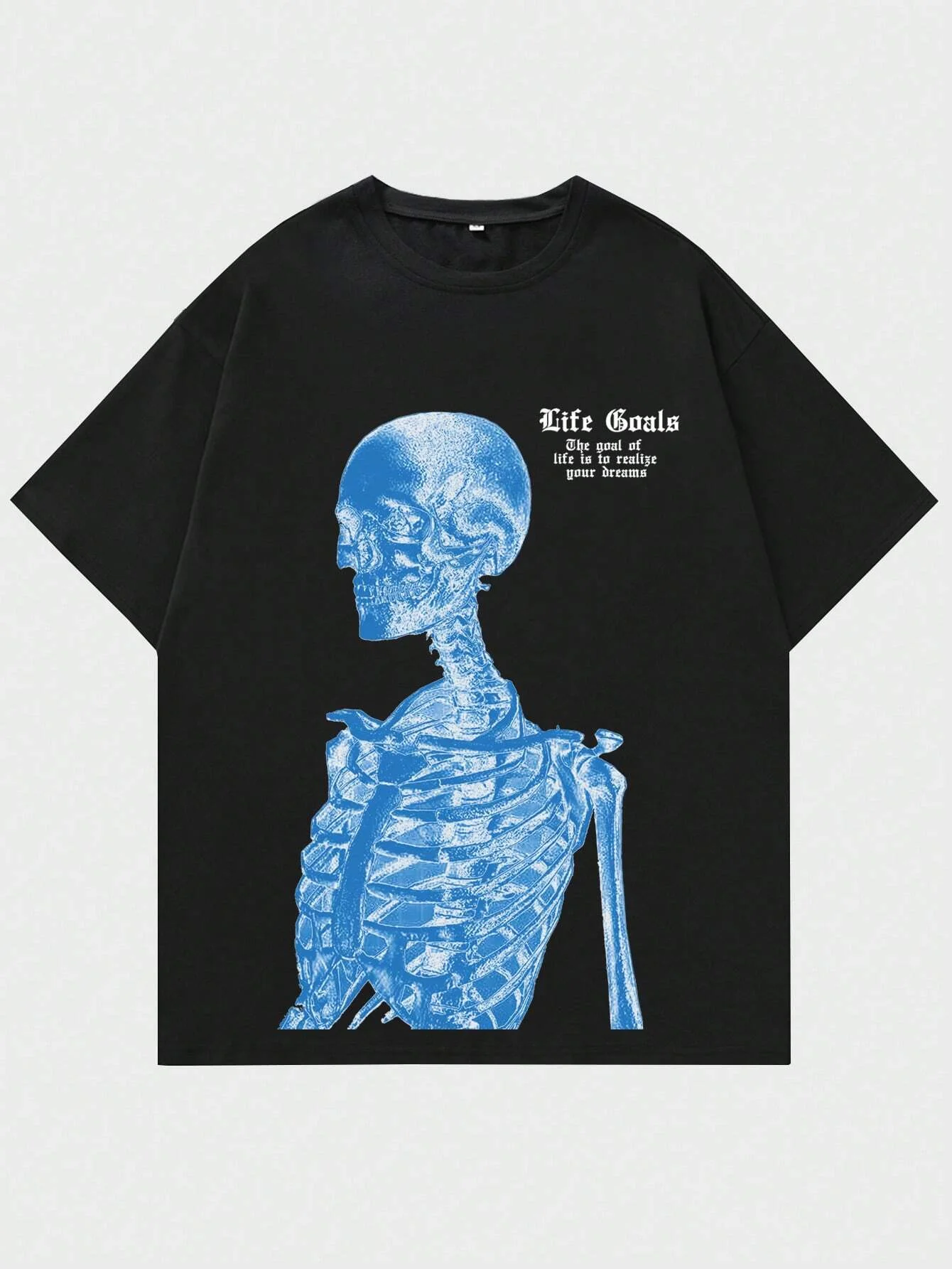 Blue Skeleton Man Life Goals Letter Printing Women T-Shirts Summer O-Neck Cotton Tops Street Fashion Tees Loose Soft Clothes