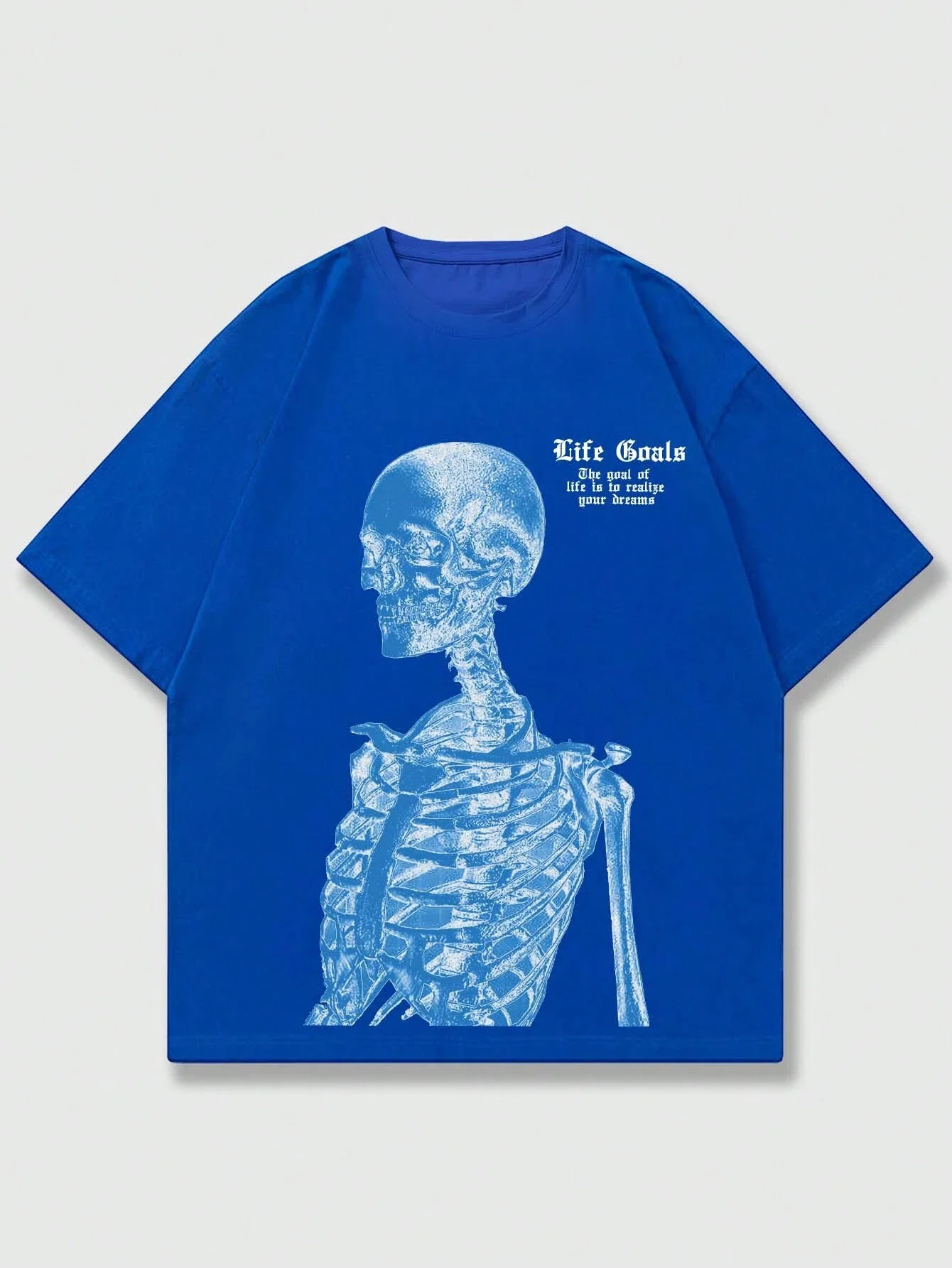 Blue Skeleton Man Life Goals Letter Printing Women T-Shirts Summer O-Neck Cotton Tops Street Fashion Tees Loose Soft Clothes