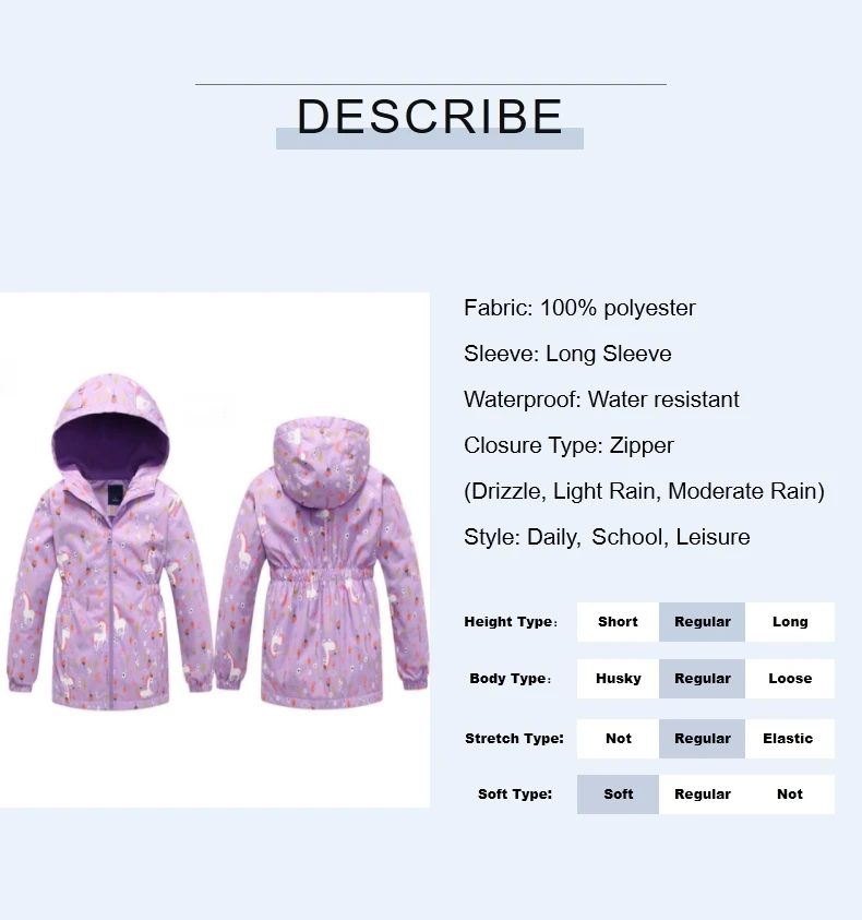 Dubbped Kids Girls unicorn Purple Rain Jacket Waterproof Coat Lightweight Hooded Warm Lined Raincoats Windbreakers 3-12Y