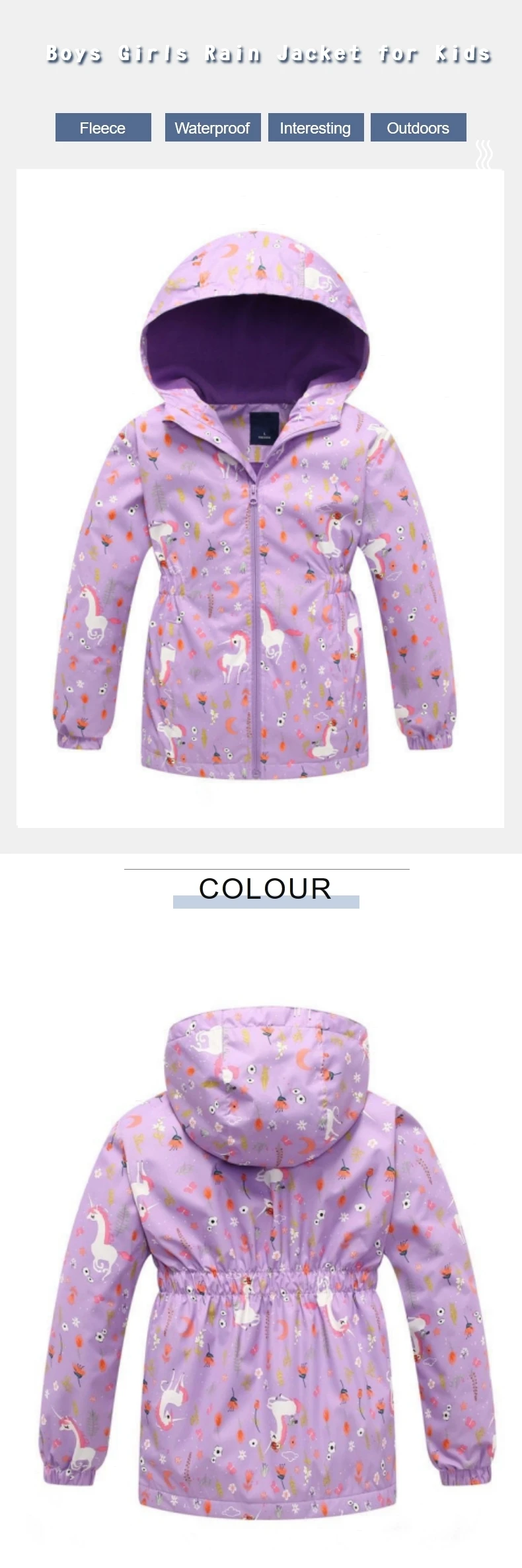 Dubbped Kids Girls unicorn Purple Rain Jacket Waterproof Coat Lightweight Hooded Warm Lined Raincoats Windbreakers 3-12Y
