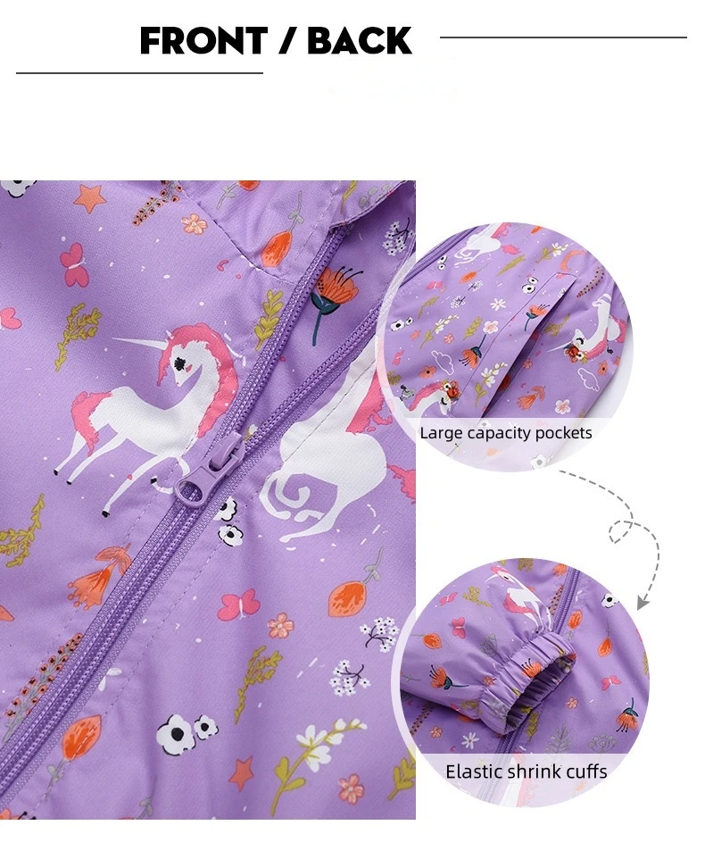 Dubbped Kids Girls unicorn Purple Rain Jacket Waterproof Coat Lightweight Hooded Warm Lined Raincoats Windbreakers 3-12Y