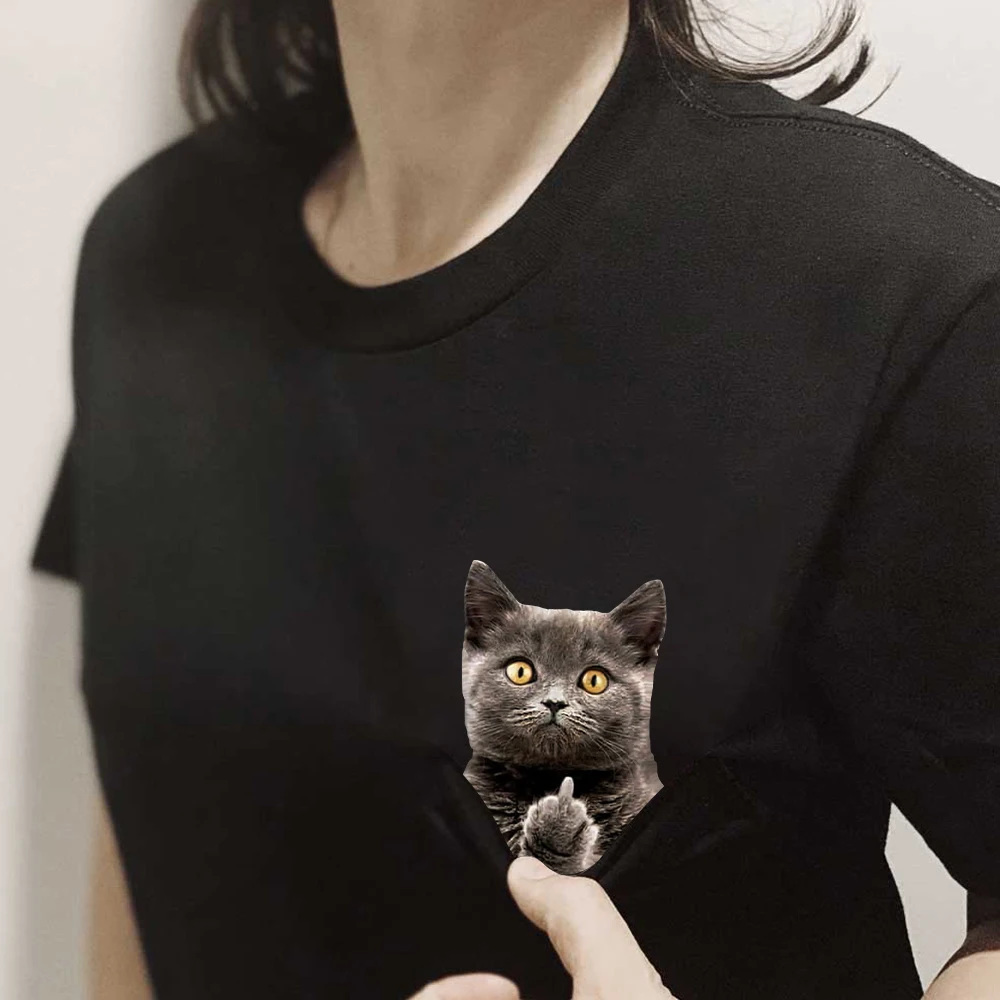 CLOOCL Animal T-Shirt Fashion Brand Summer Pocket Cat Stickers Printed T-shirts Mens Women Shirts Hip Hop Tops Funny Cotton Tees