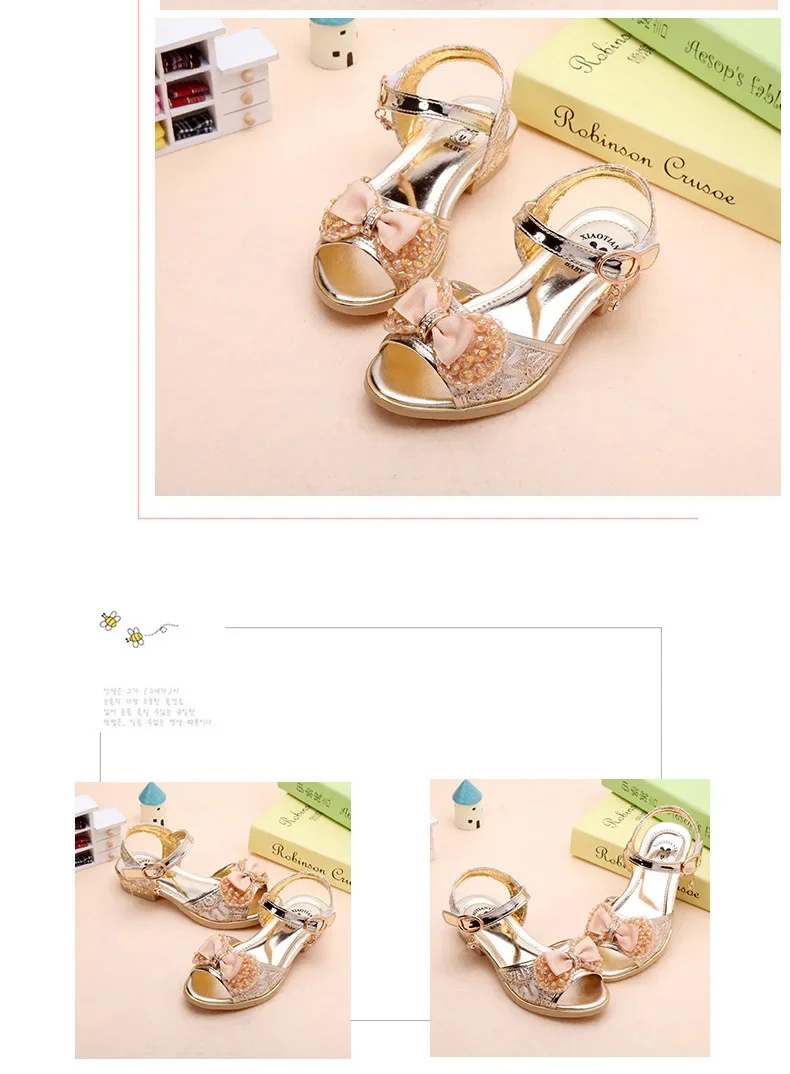 Girls Princess Shoes Summer Children High Heels Open-toe Party Wedding Toddlers Sandals Non-slip Kids Causal Sequins Beach Shoes