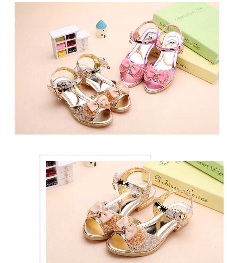 Girls Princess Shoes Summer Children High Heels Open-toe Party Wedding Toddlers Sandals Non-slip Kids Causal Sequins Beach Shoes