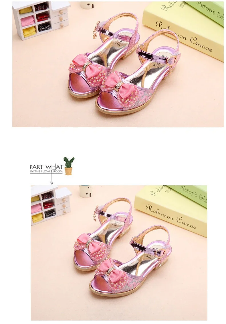 Girls Princess Shoes Summer Children High Heels Open-toe Party Wedding Toddlers Sandals Non-slip Kids Causal Sequins Beach Shoes