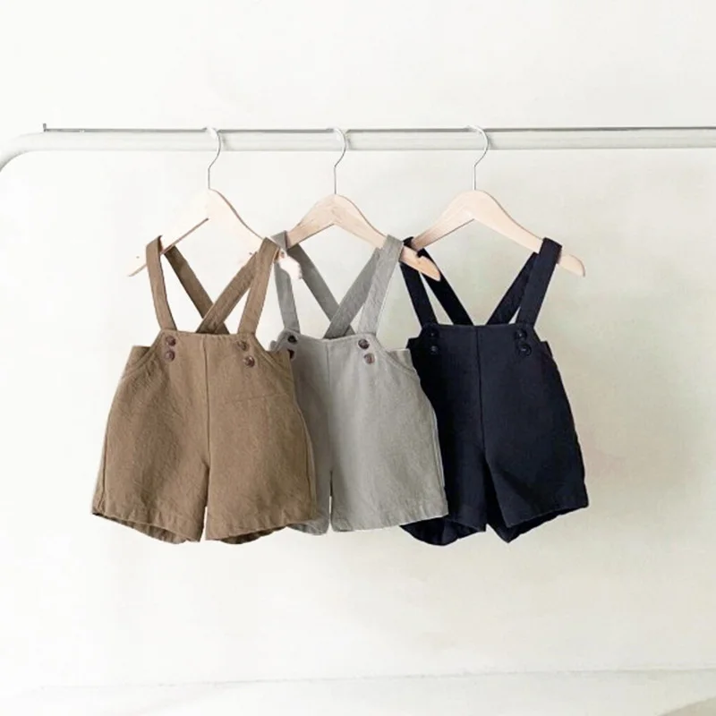 Korean Style New Summer Kid Boy Girl Shorts Khaki Light Grey Blue Sling Pants Loose Trousers Children Retro Overalls E3257
