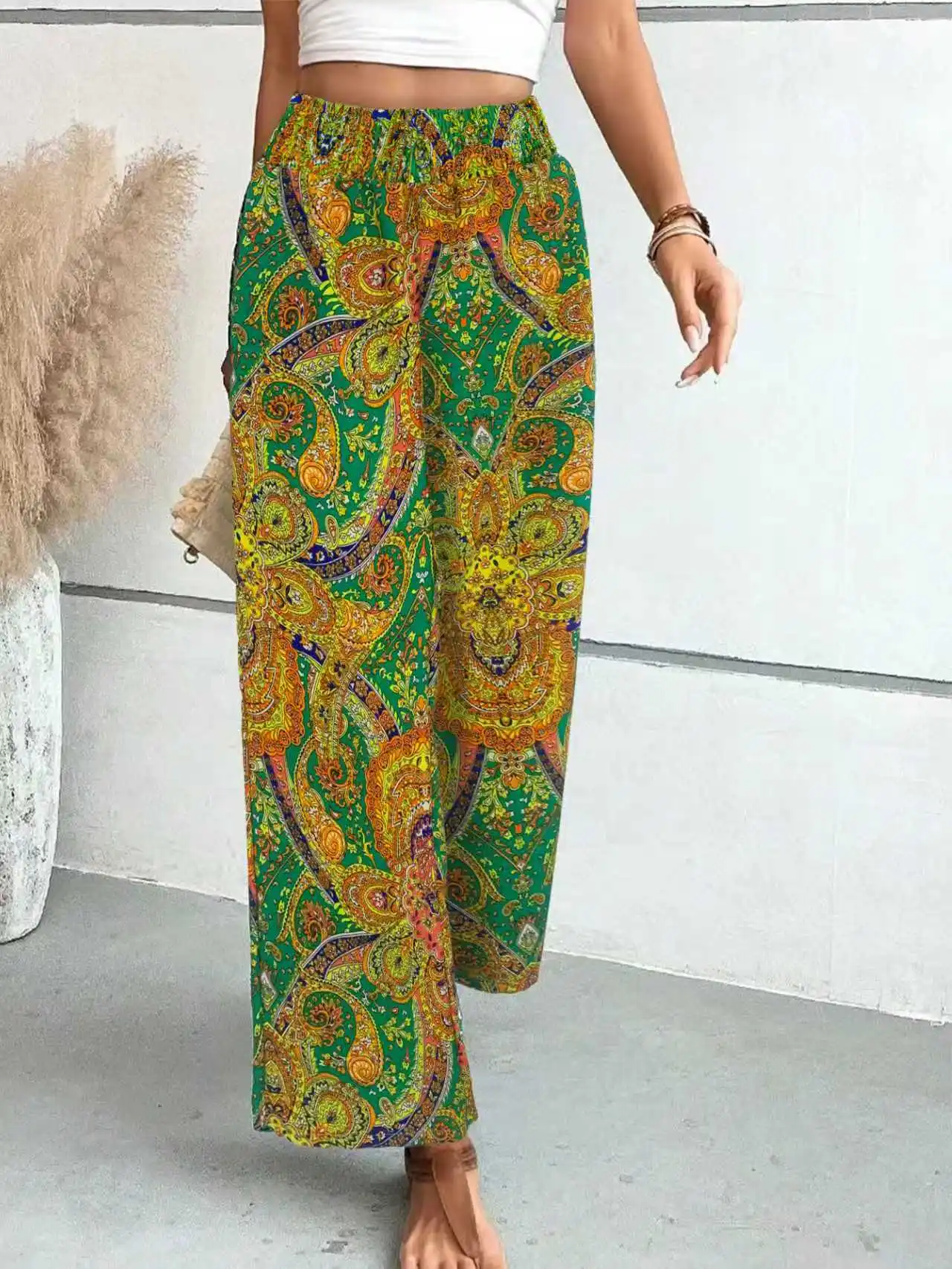 Summer Printing Wide Leg Pants for Women Straight Trouser New Fashion Elastic Waist Versatile Breathable Grace Ladies Streetwear