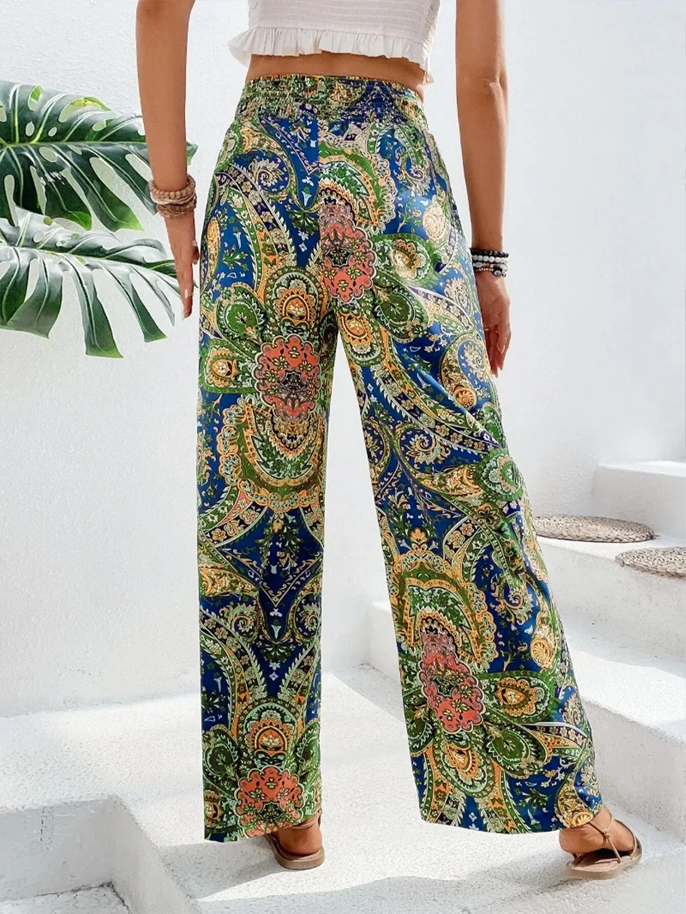Summer Printing Wide Leg Pants for Women Straight Trouser New Fashion Elastic Waist Versatile Breathable Grace Ladies Streetwear