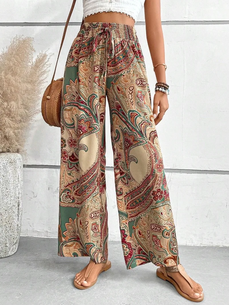 Summer Printing Wide Leg Pants for Women Straight Trouser New Fashion Elastic Waist Versatile Breathable Grace Ladies Streetwear