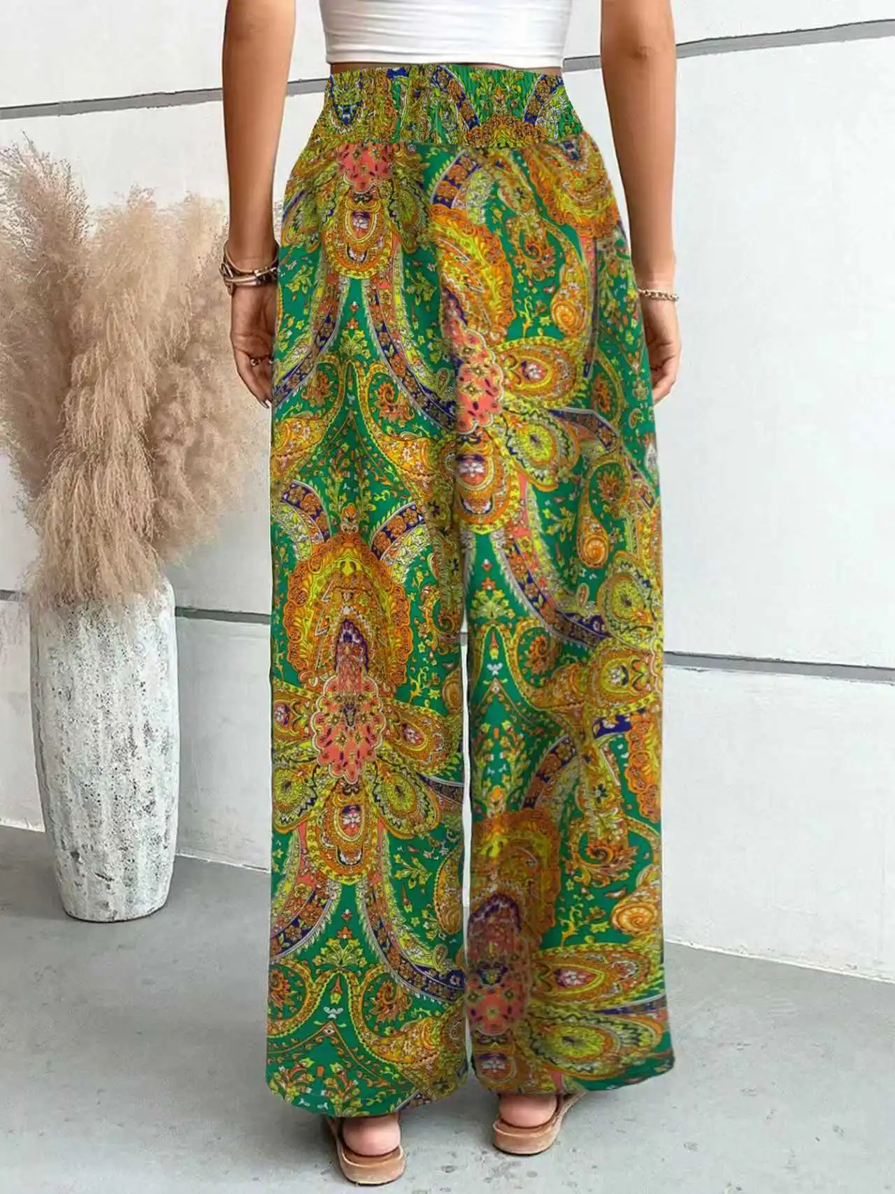 Summer Printing Wide Leg Pants for Women Straight Trouser New Fashion Elastic Waist Versatile Breathable Grace Ladies Streetwear