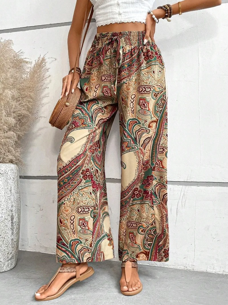 Summer Printing Wide Leg Pants for Women Straight Trouser New Fashion Elastic Waist Versatile Breathable Grace Ladies Streetwear