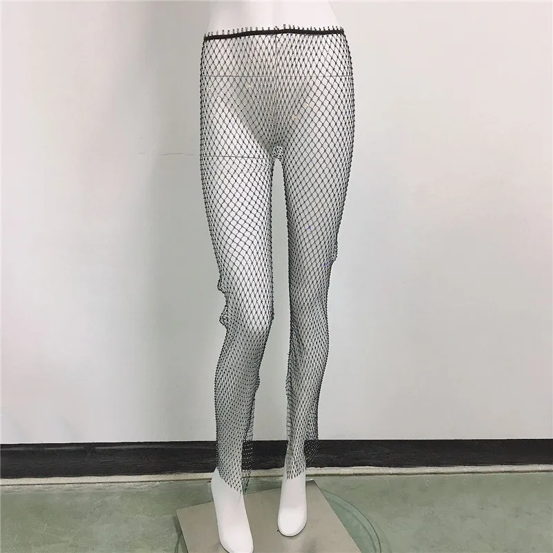 Sexy Y2K Streetwear Fishnet Rhinestone Pants Women Clothing See Through Club Party Pants Vintage Clothes Wide Leg Pants Trousers