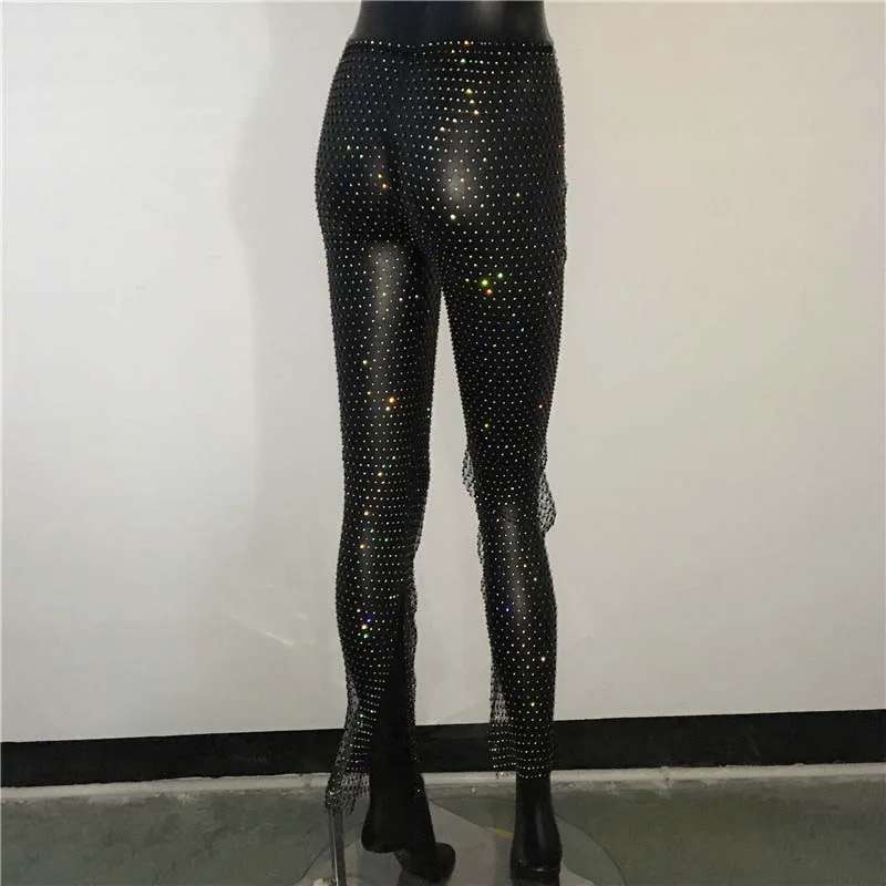Sexy Y2K Streetwear Fishnet Rhinestone Pants Women Clothing See Through Club Party Pants Vintage Clothes Wide Leg Pants Trousers